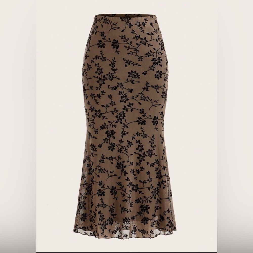 SHEIN Brown midi/ Maxi Skirt with Black Floral Print